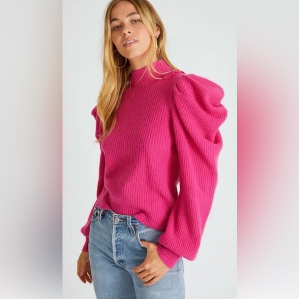 LoveShackFancy Potter Cashmere Puff Sleeve Sweater in Electric Pink